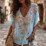Women's Retro Boho Pink Floral Embroidered Art V-neck Short Sleeve T-shirt - Image 6