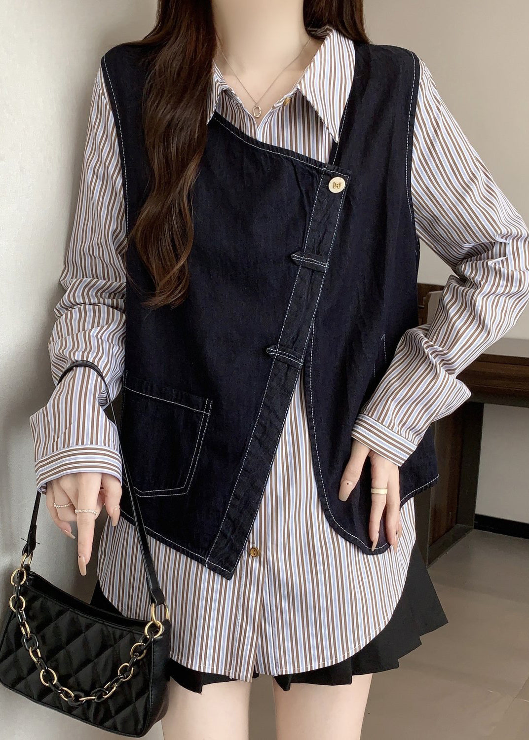 Draped checkered shirt fake two piece top