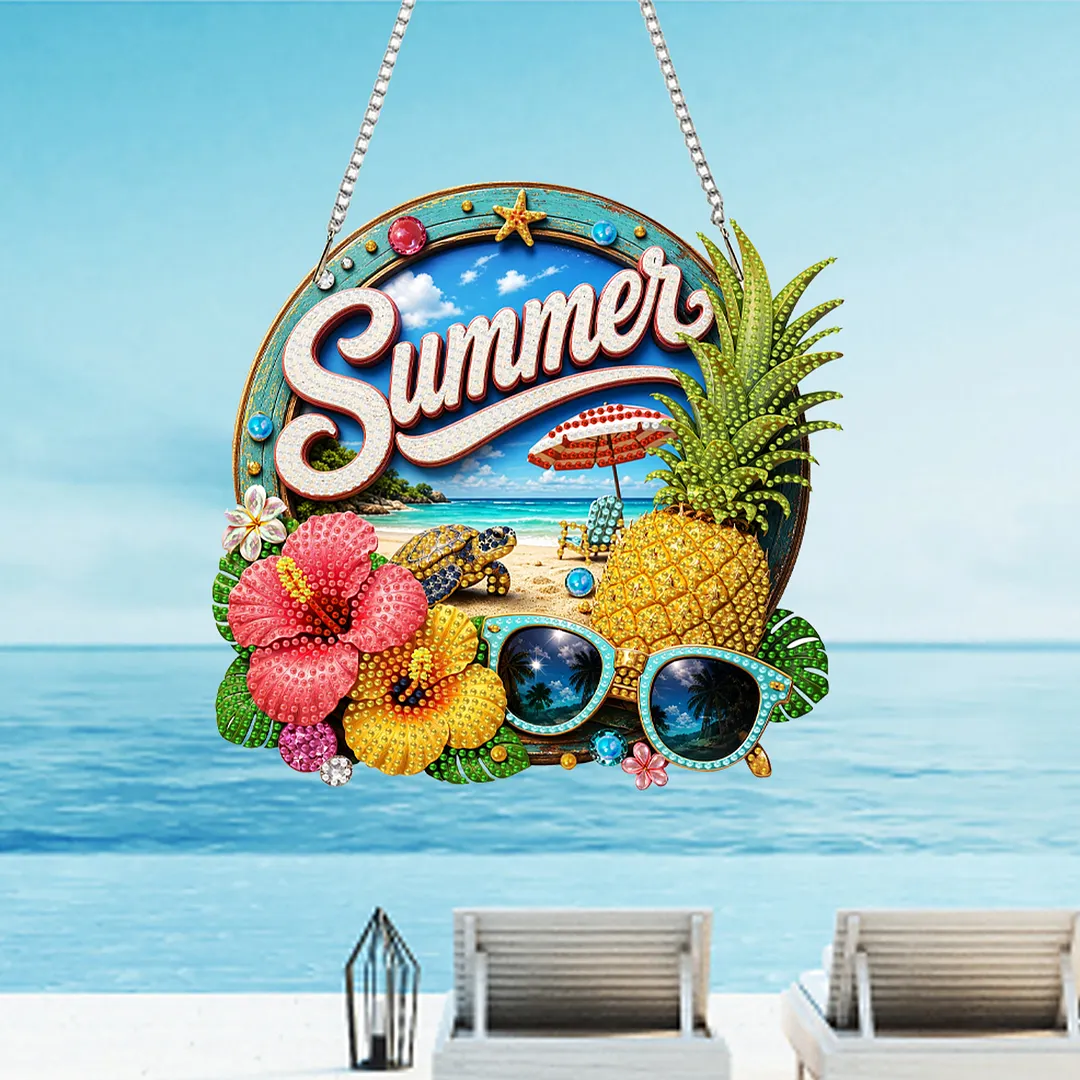Summer Pineapple Beach 2D Flat DIY PET Diamond Painting Pendant Special Shape Hanging Gem Art Paintings Charm Single Side Drill for Adults Home Wall Window Decor