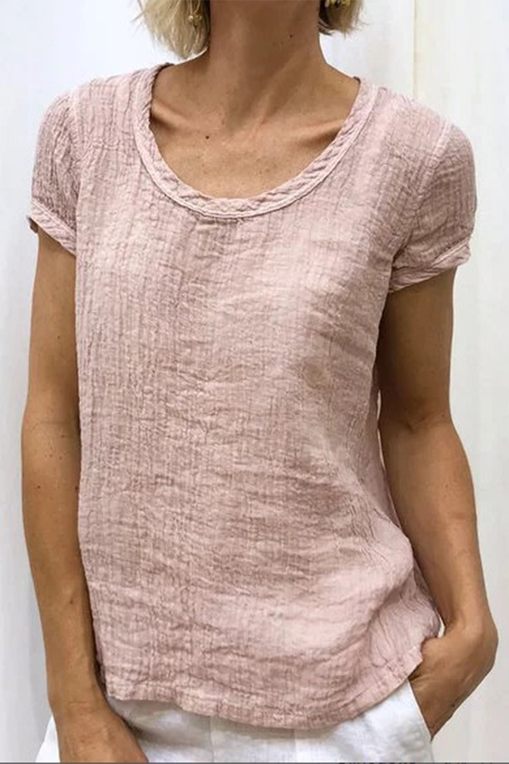 Plus Size Everyday Pink Cotton Double-Layer Crepe T-Shirt 2024 - Flycurvy 