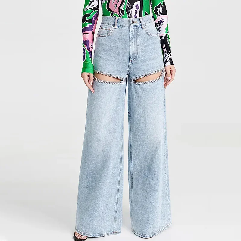 Woherb Woherb Design Sense Set Diamond Wide Leg Pants Spring 2024 New Fashion High Waist Nail Bead High Sense Jeans Woman-Outfit Ideas