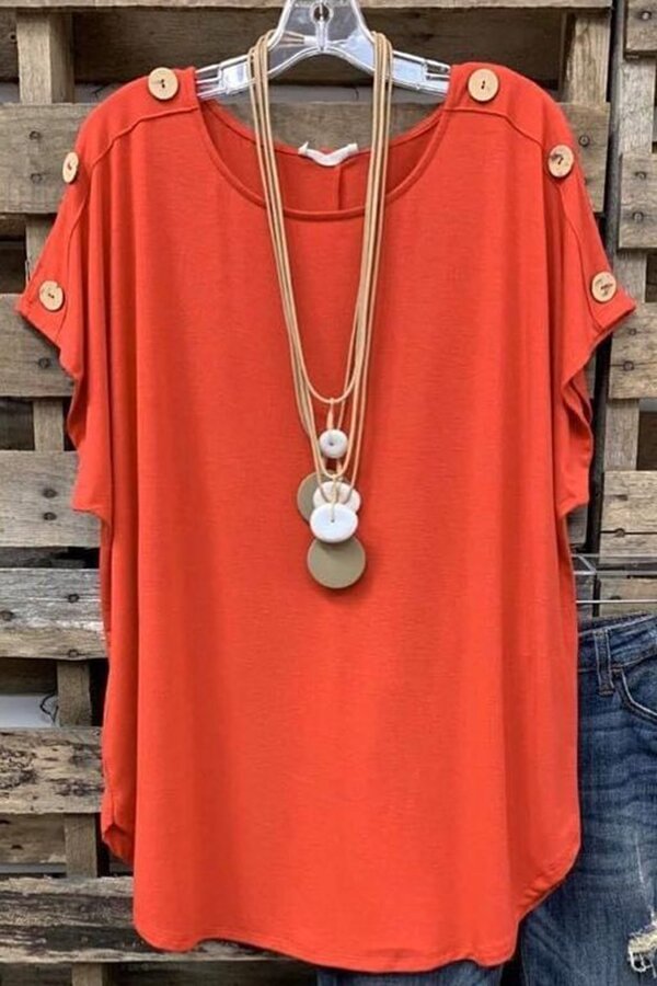 Casual Round Neck Button T-shirt