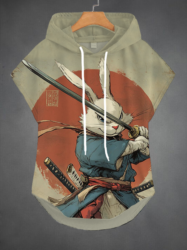 Men's Retro Japanese Rabbit Samurai  Print Sporty Hooded Tank Top