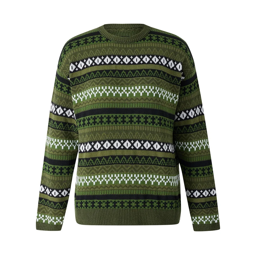 Huiketi Womens Y2K Grunge Autumn Winter Casual Sweater Long Sleeve Round Neck Vintage Pattern Print Knitwear Pullovers