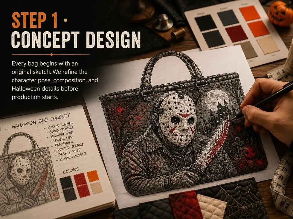 Step 1 concept design for horror tote bag