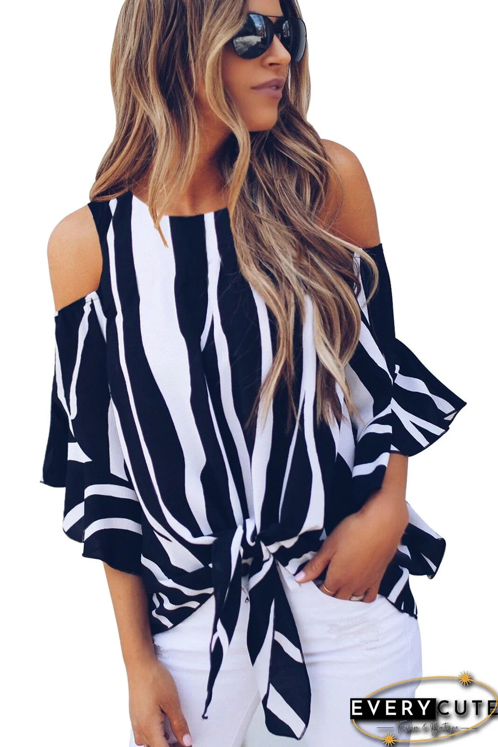 Black Cold Shoulder Vertical Stripes Blouse