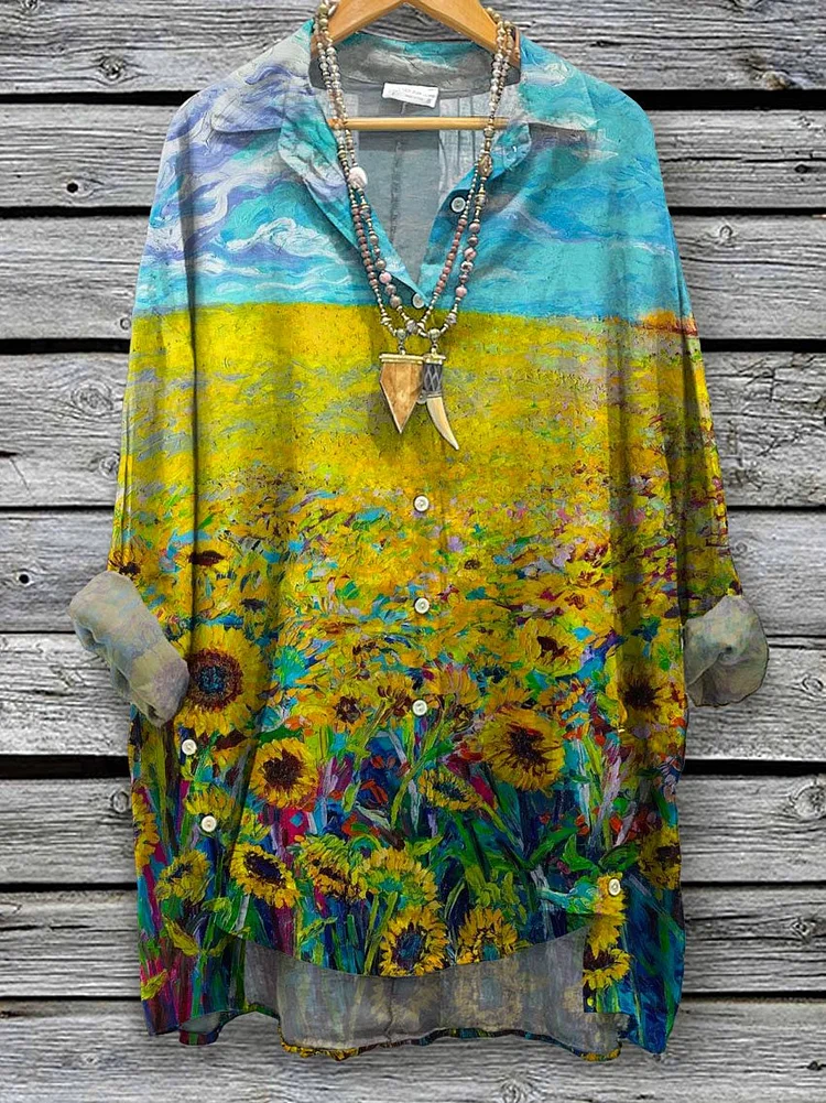 Women's Sunflowers Painting Art Print Casual Cotton And Linen Shirt