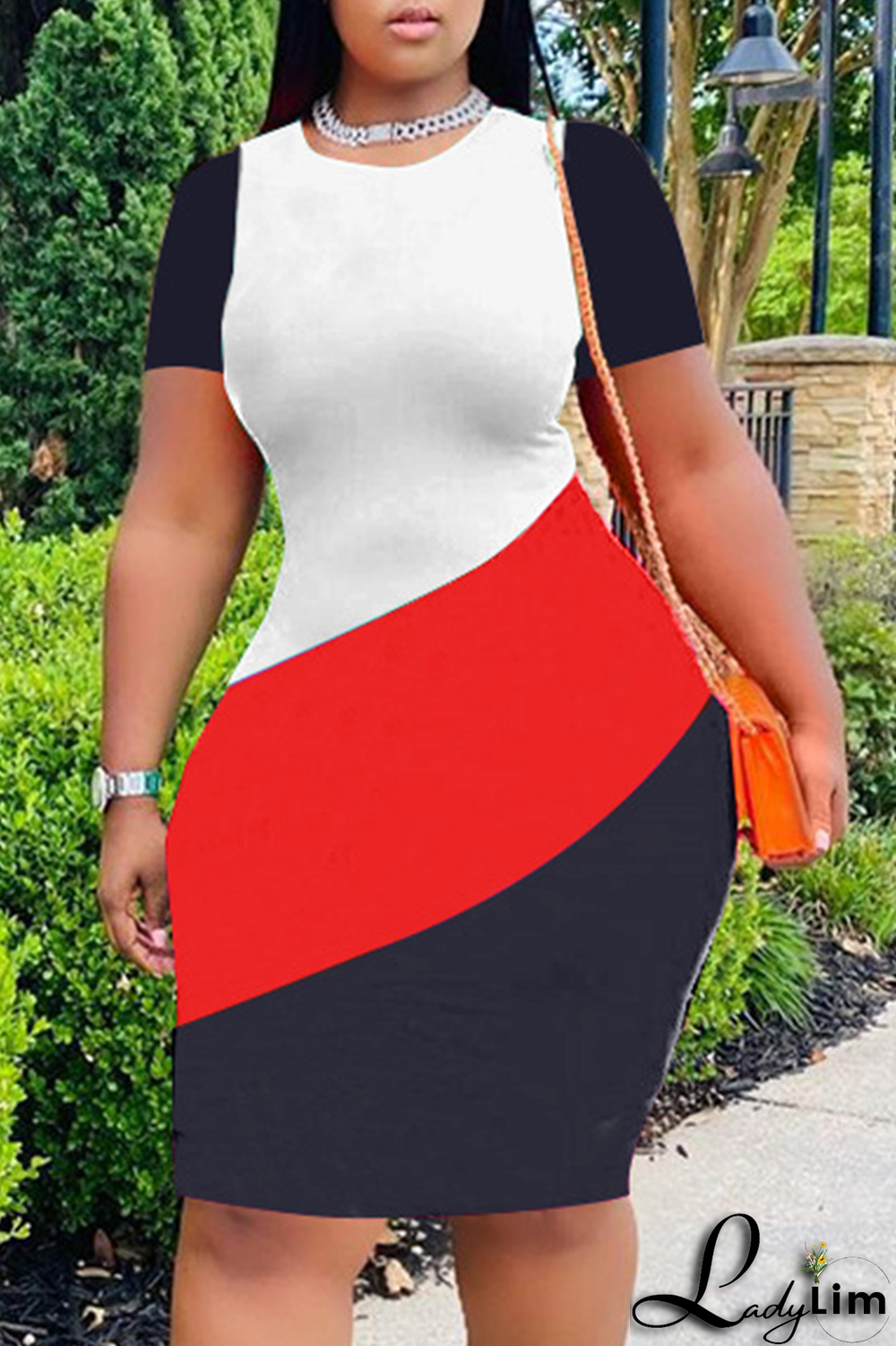 Red Fashion Striped Patchwork O Neck Plus Size Dresses