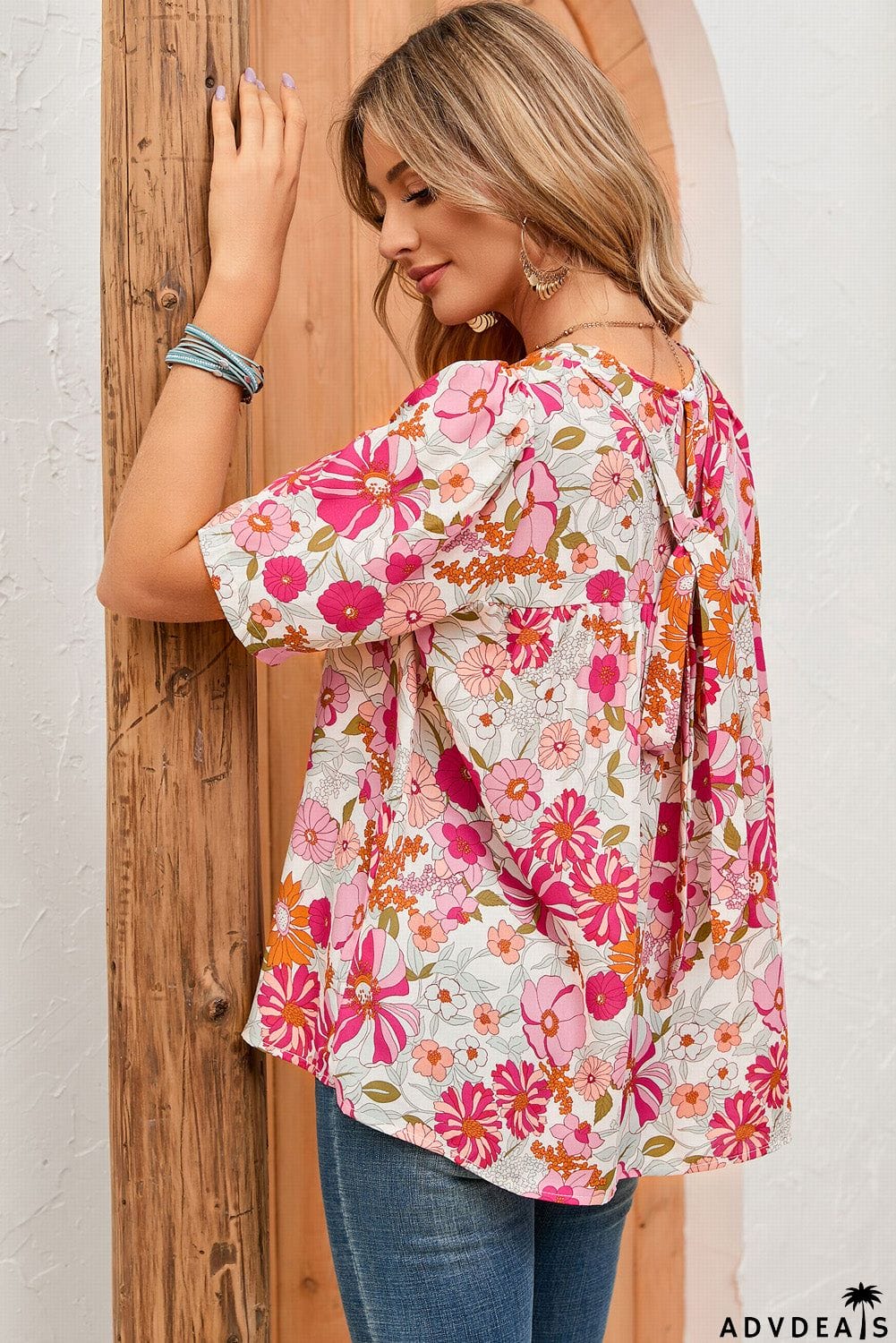 Floral Puff Sleeve Tied Blouse