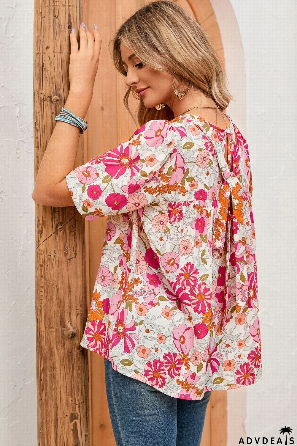 Floral Puff Sleeve Tied Blouse