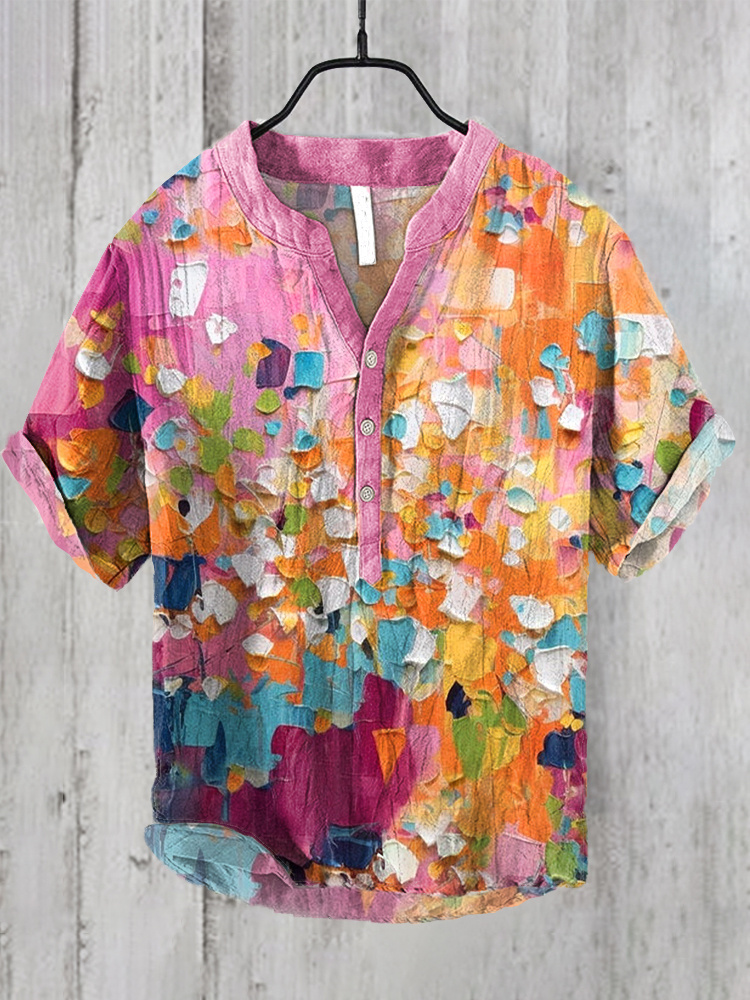 Comstylish Colorful Abstract Oil Painting Texture Print Linen Shirt