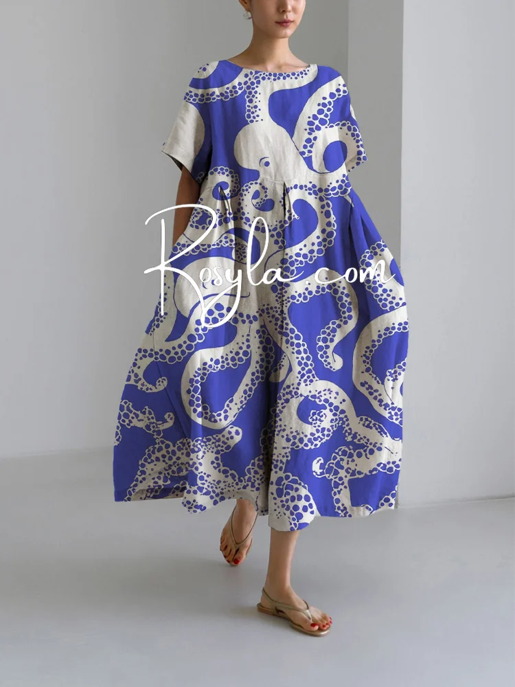 Women's Fashion Blue Octopus Print Loose Round Neck Medium Length Skirt Dress