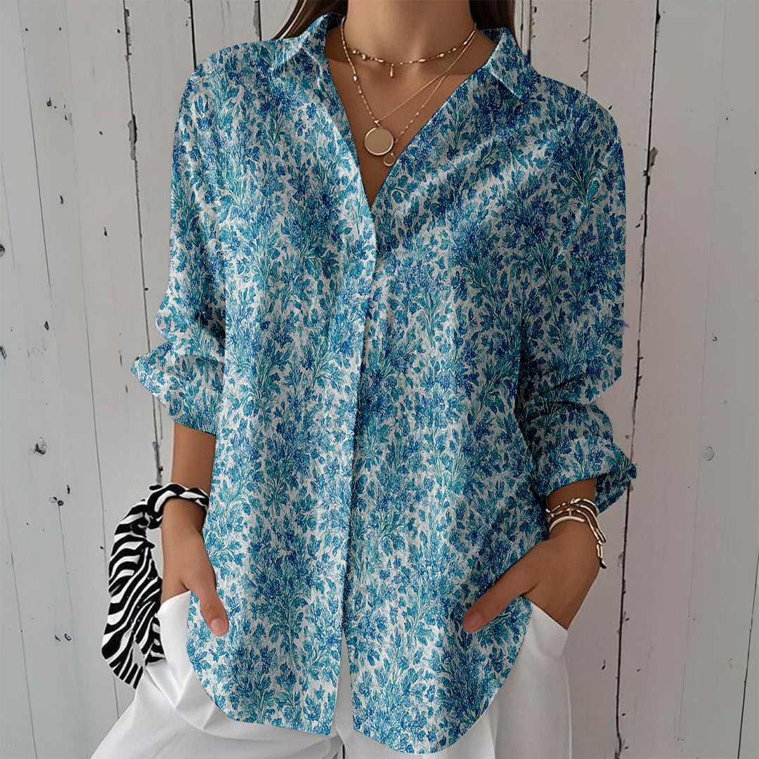 Women Long Sleeve V-neck Graphic Floral Printed Top