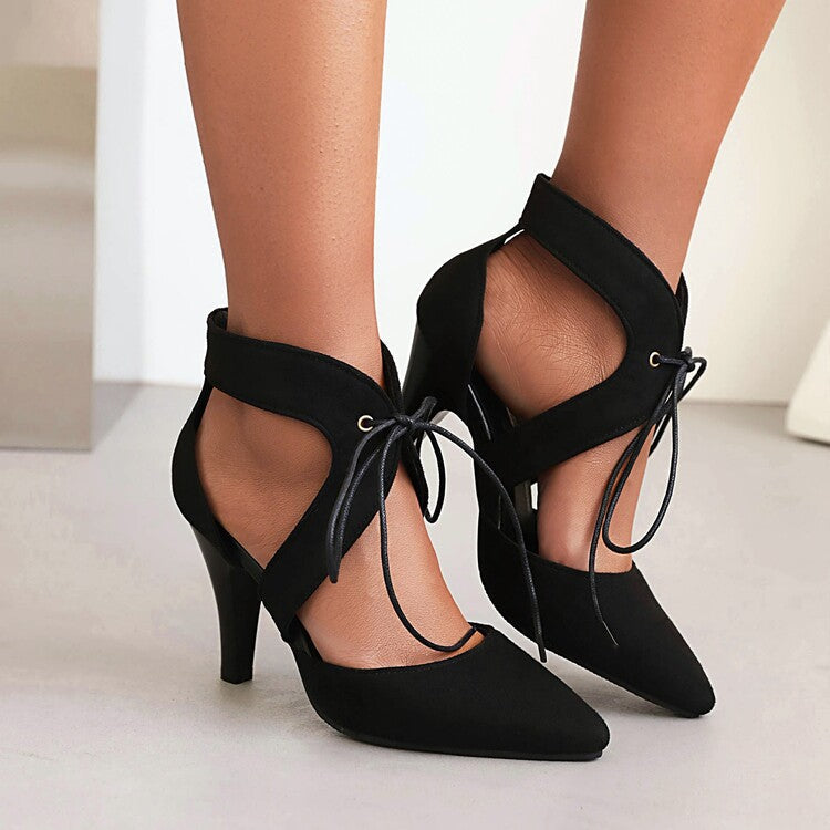 Lady's sexy faux suede pointed closed toe front lace heels summer party heels
