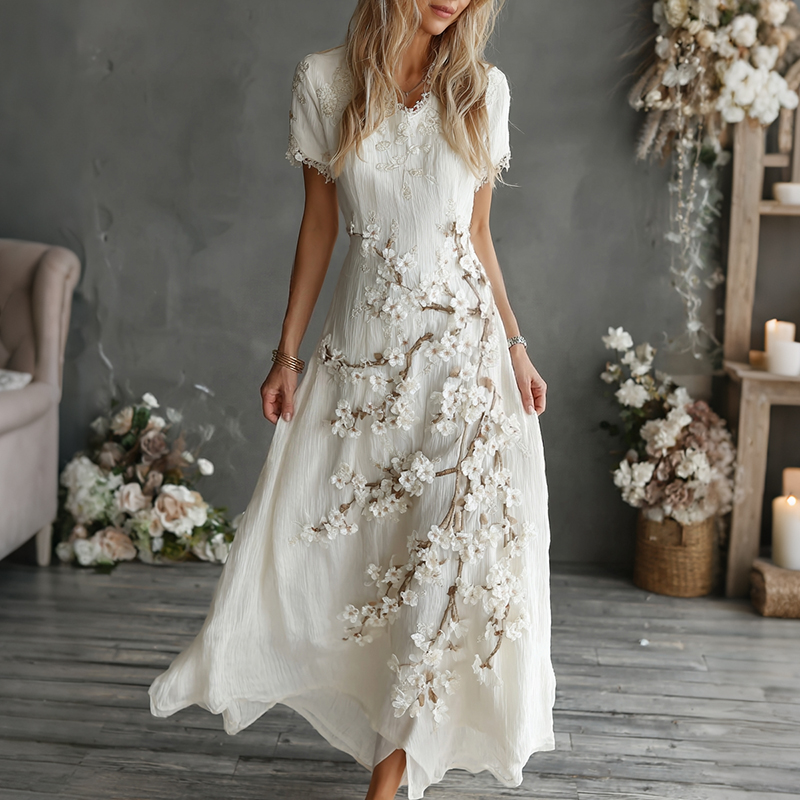 Women's Beautifully Embroidered Floral Print Short Sleeve Maxi Dress elevenforest