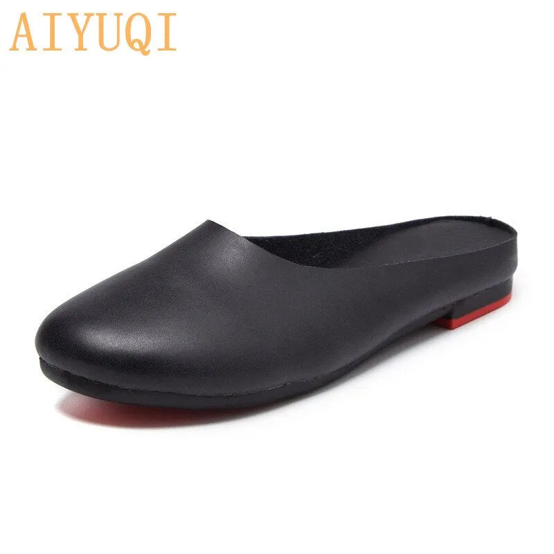 AIYUQI  Women Slippers 2021 Spring New Genuine Leather Women Shoes big Size 41 42 43 Flat Casual Summer Half Slippers Women