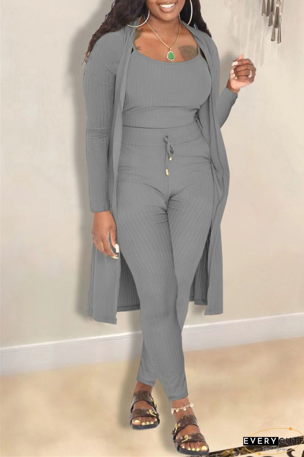 Casual Solid Cardigan Vests Pants Long Sleeve Three Piece Set