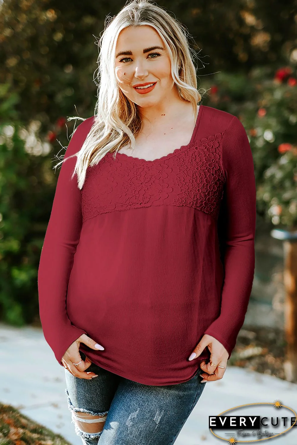 Red Lace Crochet V Neck Long Sleeve Top