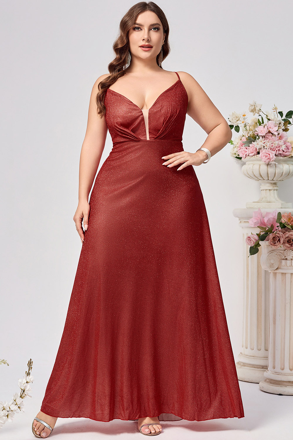 Plus Size Prom Red Glitter Sparkly Lace Up Back Pocket Cami Maxi Dress 2024 - Flycurvy 