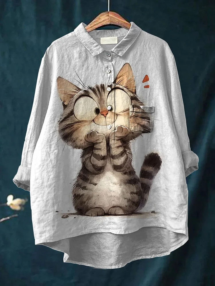 Women's  Cat Print Casual Cotton And Linen Shirt