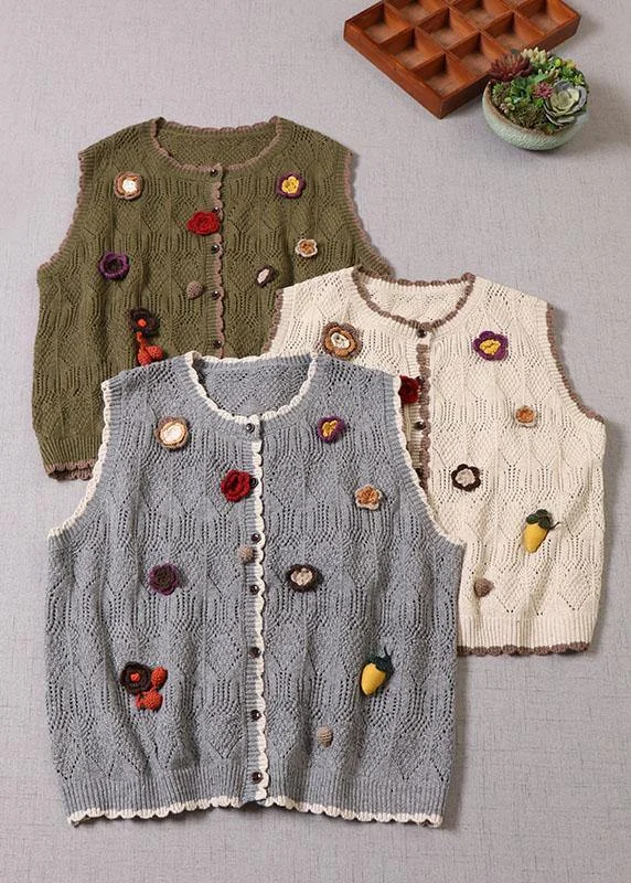 Natural Grey Hollow Out Button Floral Fall Knit Vest