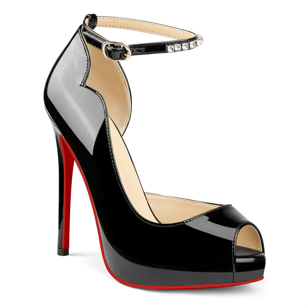 120mm Red Bottom Elastic Strap Slingback Sandals Peep Toe Platform Stilettos Black Patent Heels-MERUMOTE