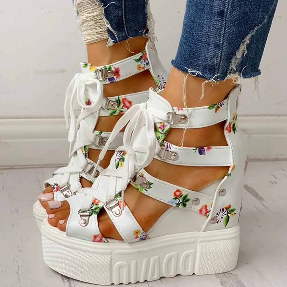 INS Hot Print Leisure Wedges Women's Shoes 2020 Summer Shoes Women Sandals Platform Shoelaces High Heels Casual Shoes Woman