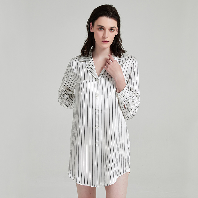 Zebra Stripes Loose Silk Short Nightgown With Long Sleeves Silk Women's Nightgowns
