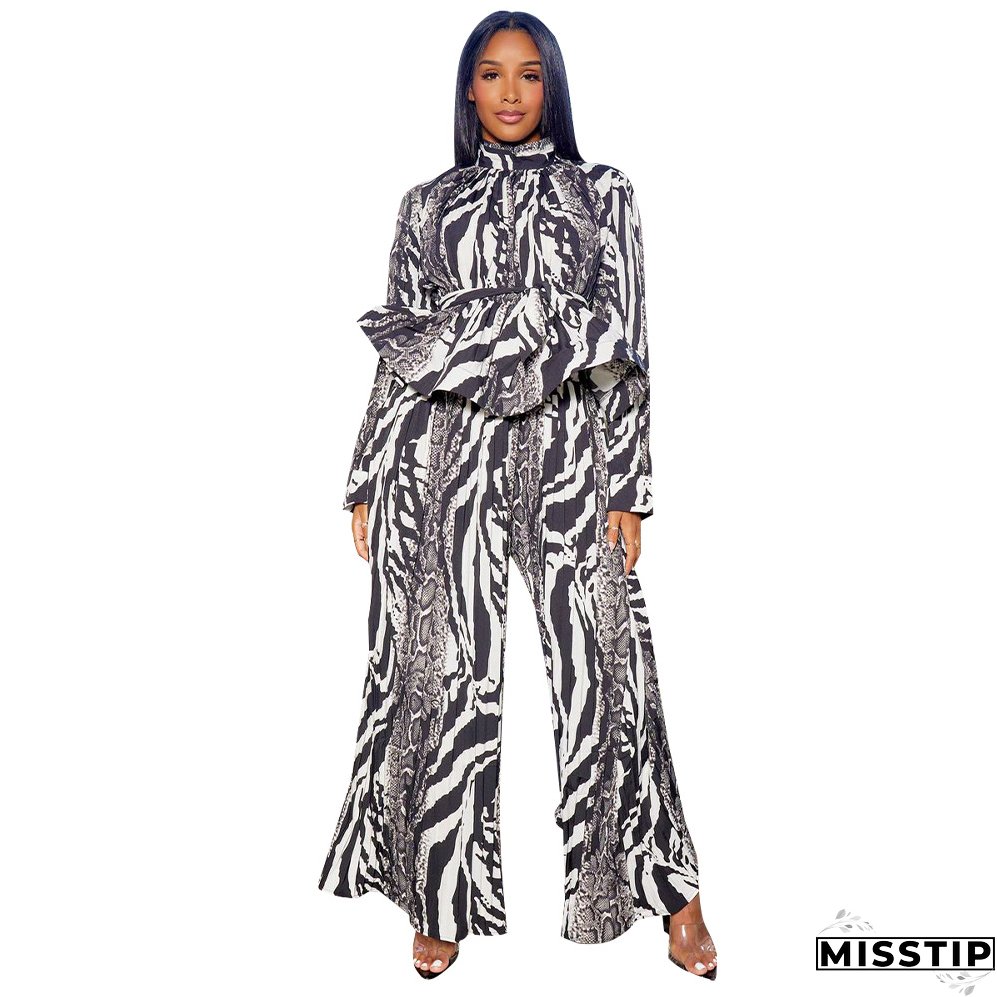 Women Lantern Long Sleeve Top and Wide Leg Pants Printed Casual Two-piece Set