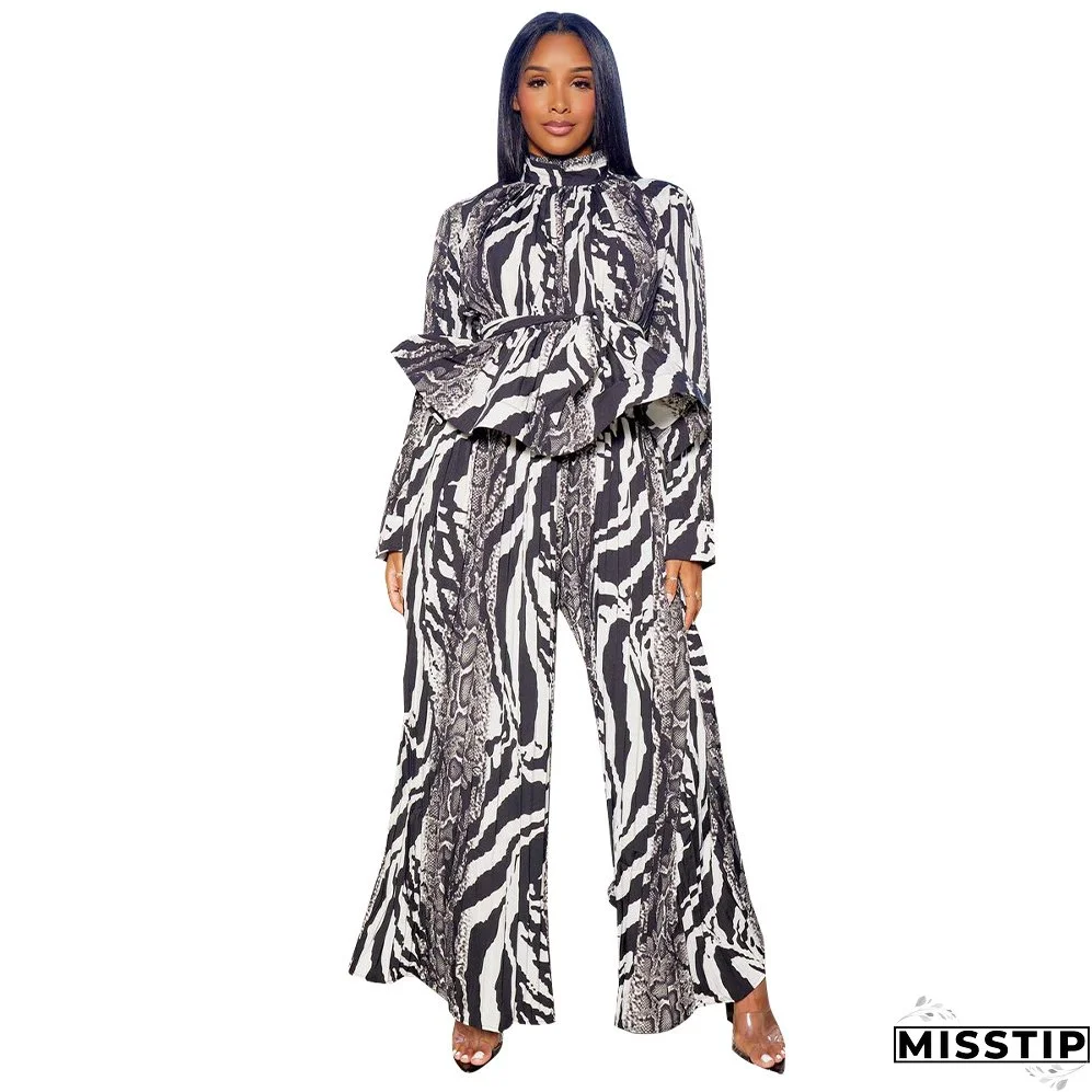 Women Lantern Long Sleeve Top and Wide Leg Pants Printed Casual Two-piece Set