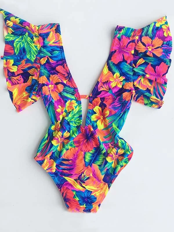 Floral Print Falbala One Piece Swimsuit 