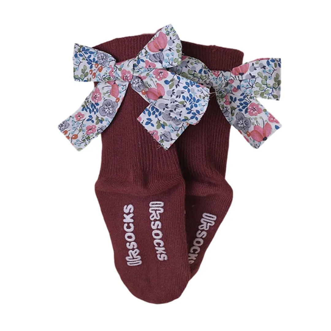 Infant Girls Cute Ribbed Socks Letter Printing Floral Bow Decoration Knitted Warm Non-Slip Breathable Socks 0-5Years