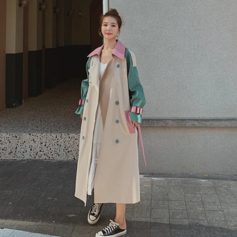 Brand New Fashion Lady Trench Coat Double-Breasted with Belt Patchwork Design Oversize Duster Coat Women Outerwear Spring Autumn