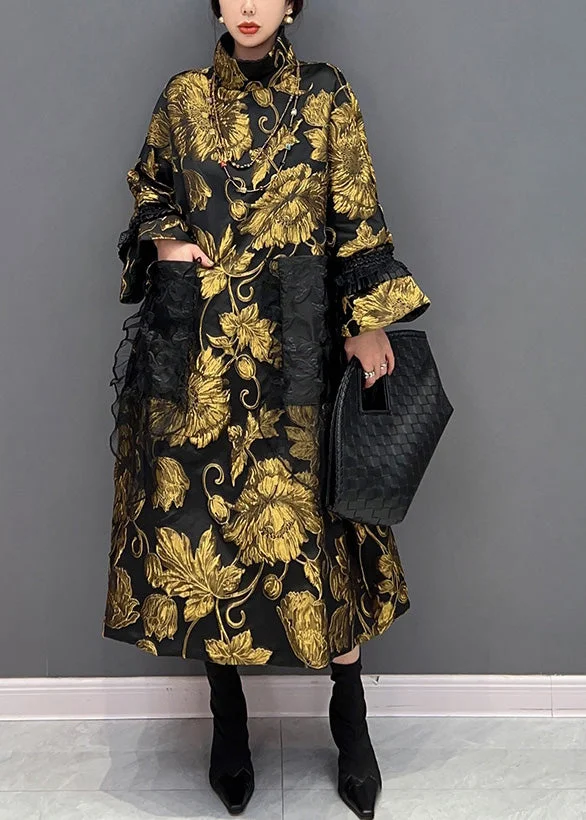 Jacquard Black Patchwork Yellow Tulle Button Thick Long Coats Winter