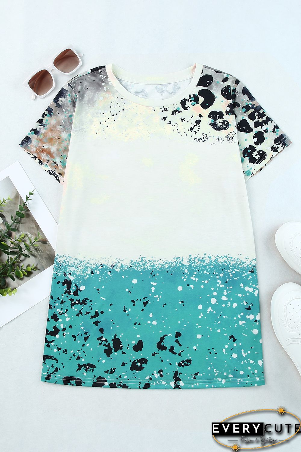 Sky Blue Leopard Tie-dye Bleached T-shirt