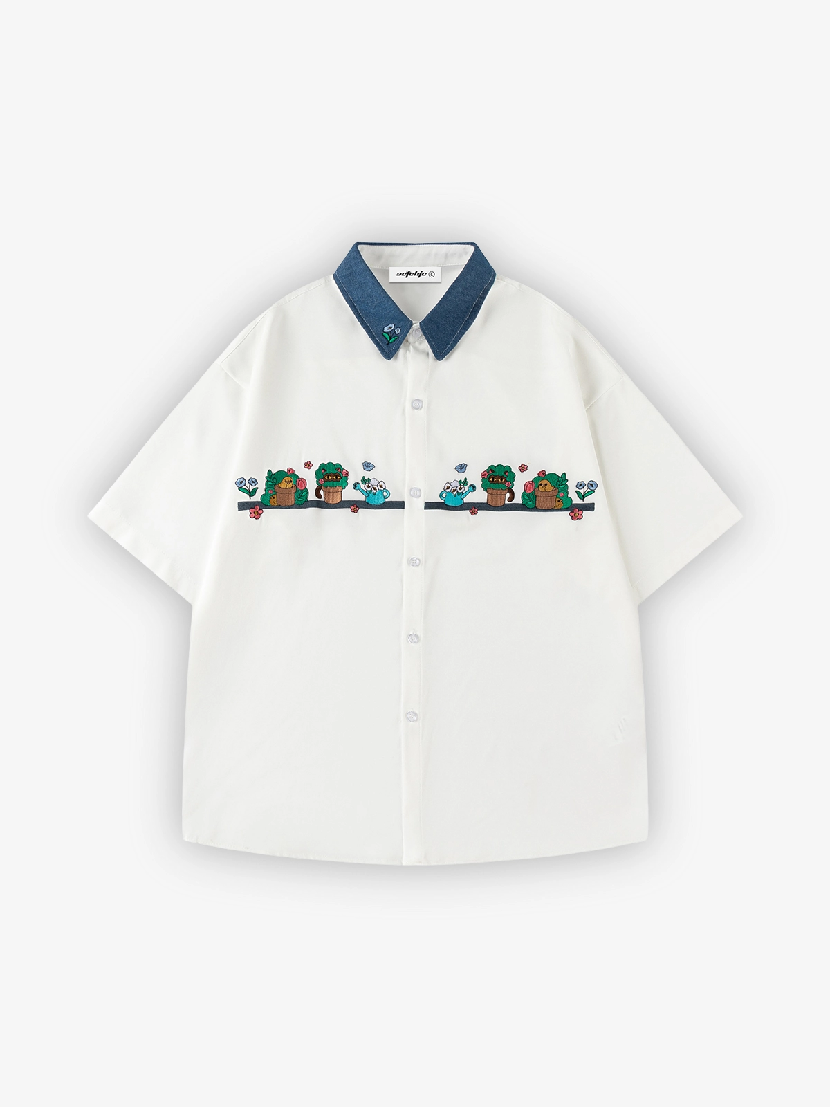 White Act Chic Color Block Botanical Embroidery Short Sleeve Shirt Front
