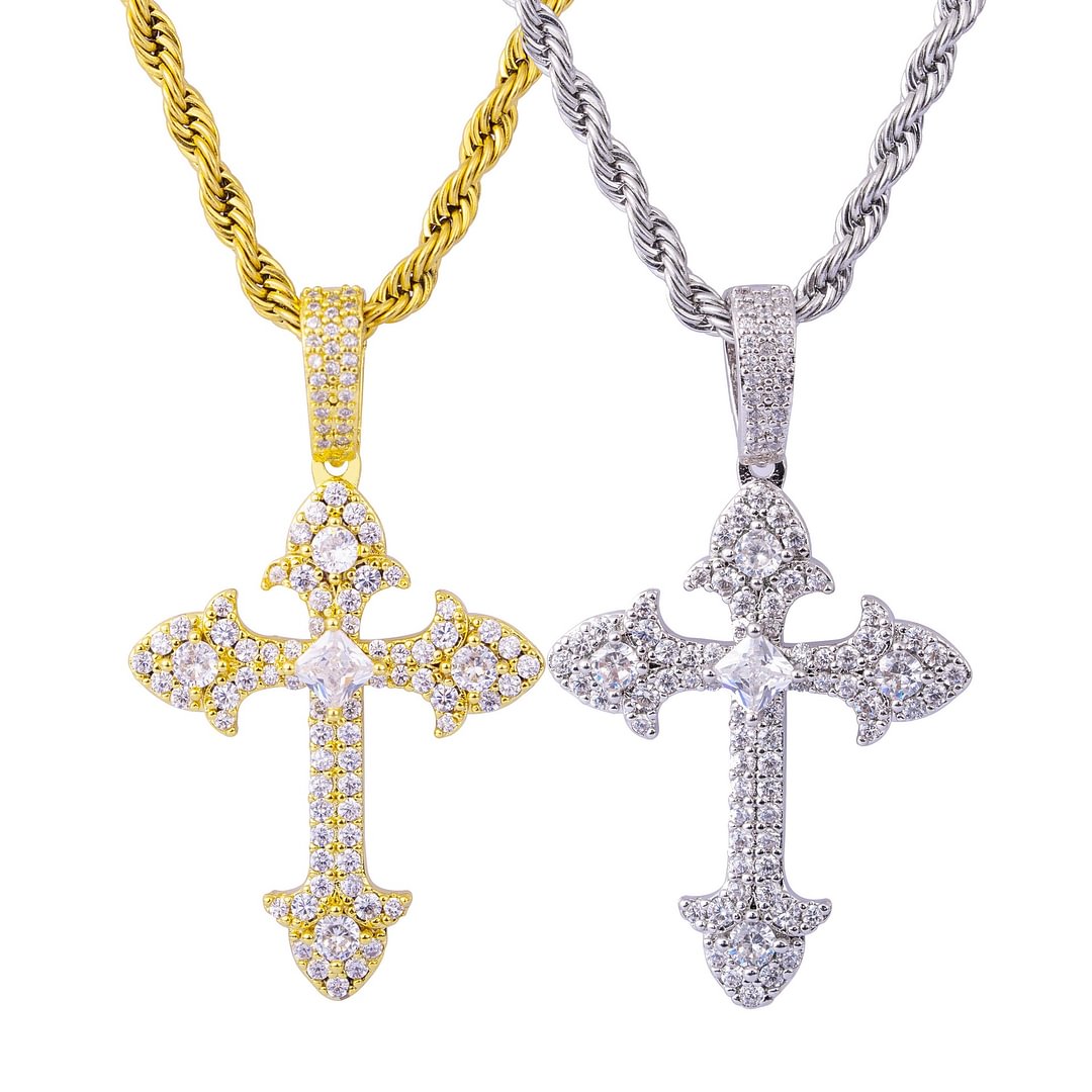 26mm Cuban Link Chain Cross Pendant Necklace with Pendant White Gold ...