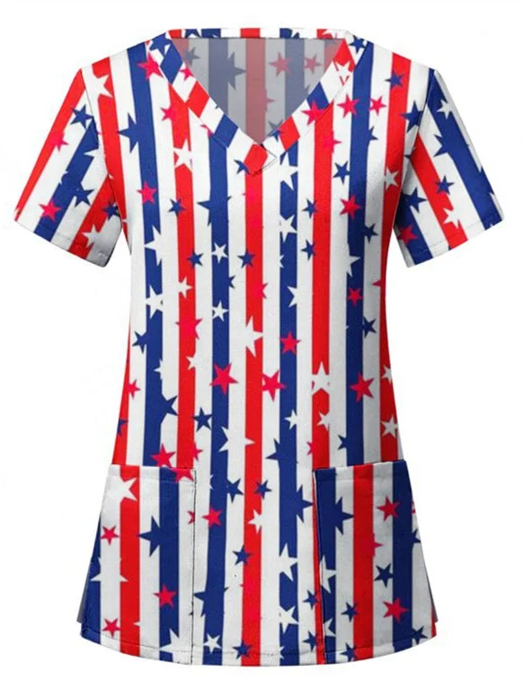 Women's USA Flag Printed Pocket Design Short Sleeve V-neck Loose T-shirt