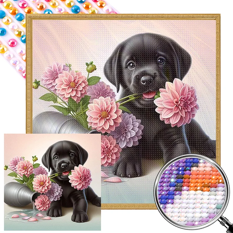 Partial AB Drill - Full Round Diamond Painting - Flowers And Puppies 40*40CM