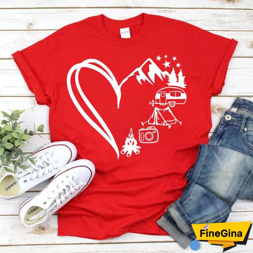 Hot Camping Heart Printed T-Shirts For Women Summer Short Sleeve Tee Shirts Round Neck Casual Summer Ladies Tops