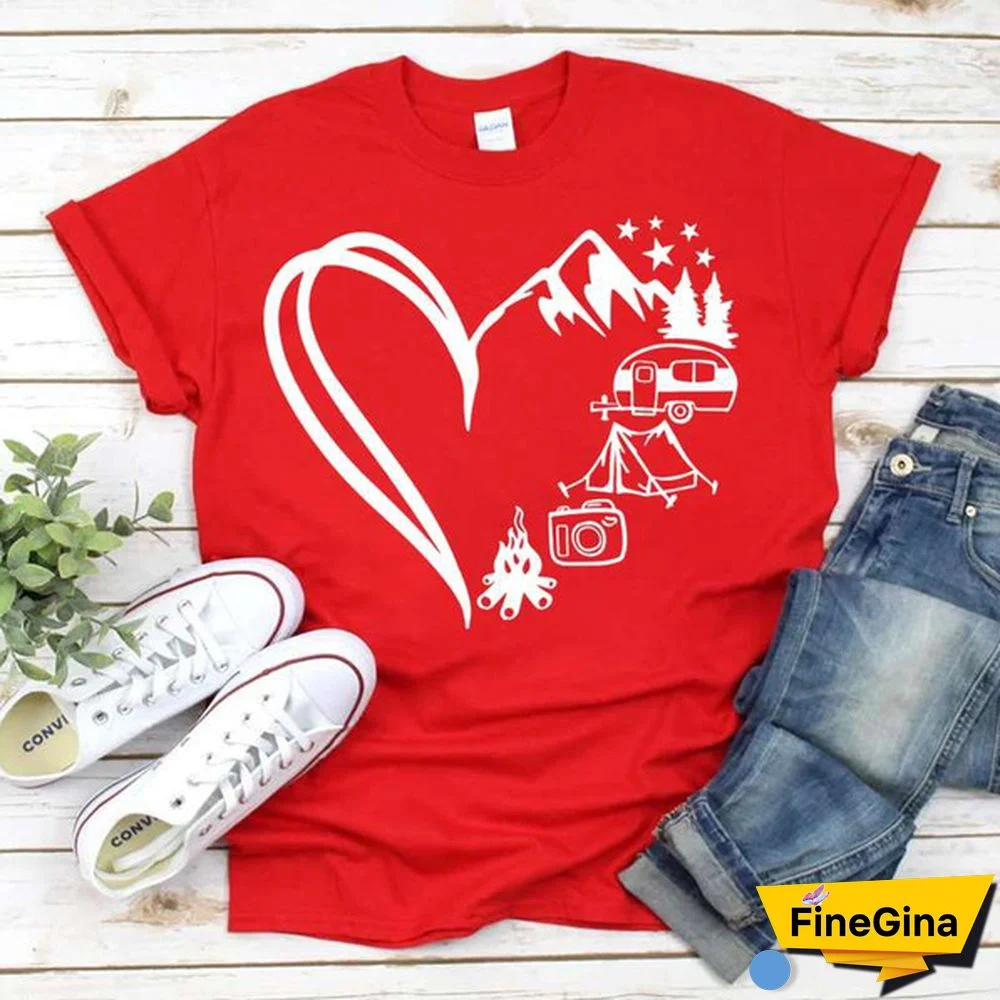 Hot Camping Heart Printed T-Shirts For Women Summer Short Sleeve Tee Shirts Round Neck Casual Summer Ladies Tops