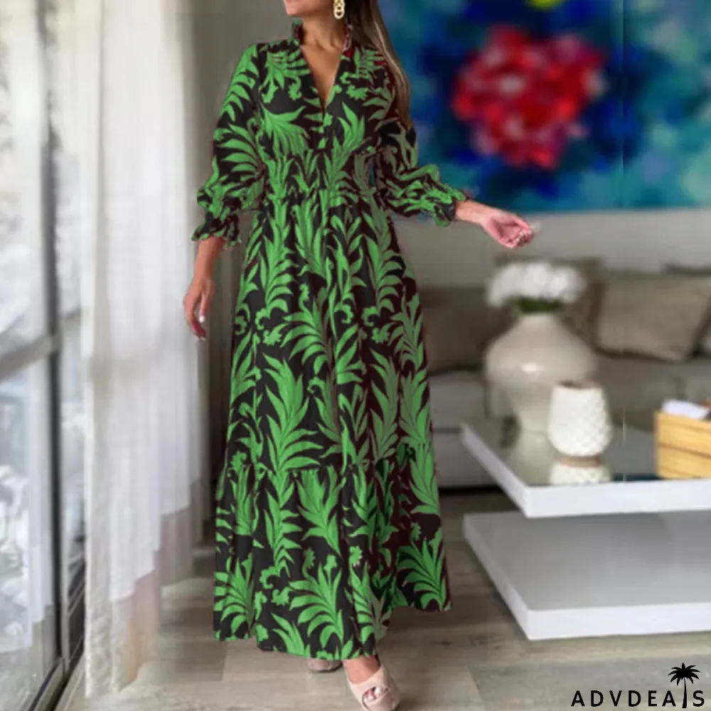 Women Spring Long Sleeve Bohemian Print Maxi Dress
