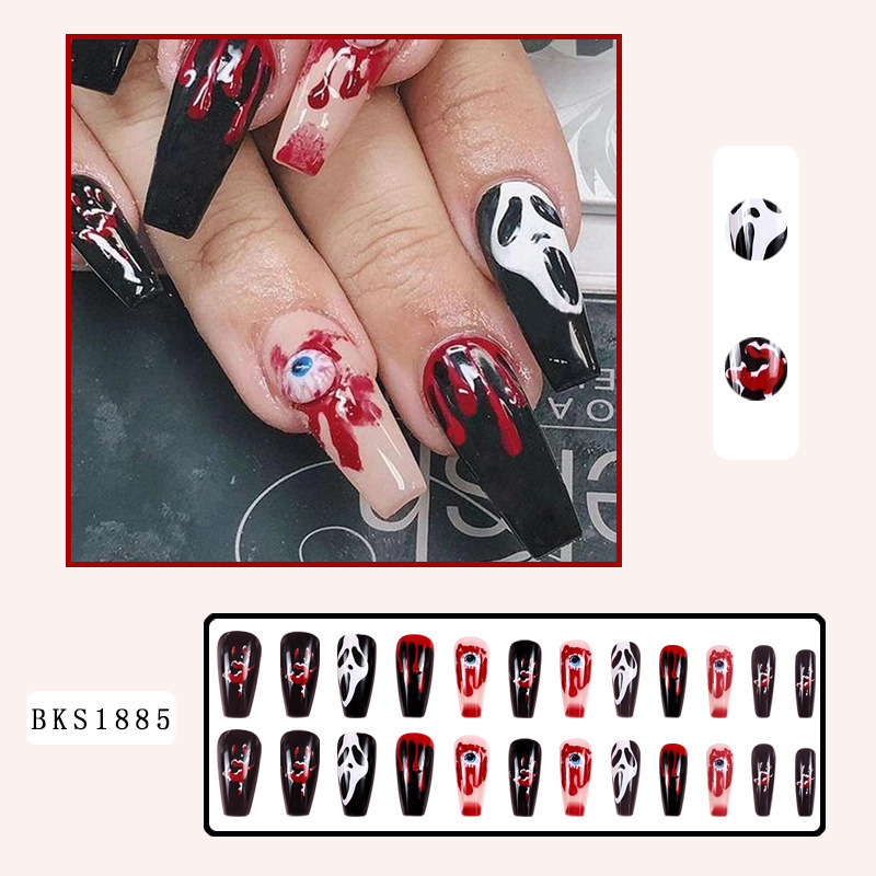Halloween Press on Nails Long Coffin Spider Web Full Cover Fake Nails Black Blood Stick on Nails Acrylic Nails for Women Men Girls