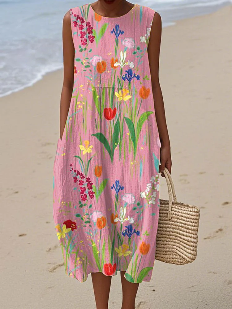 Women's Vintage Floral  Art Print Sleeveless Cotton Pocket Wrap Dress