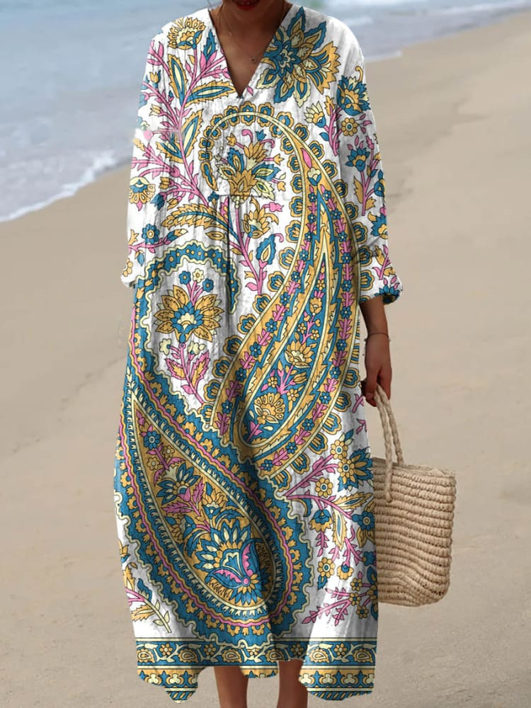 Womens Cashew Flower Pattern Print Casual Flowy Dress