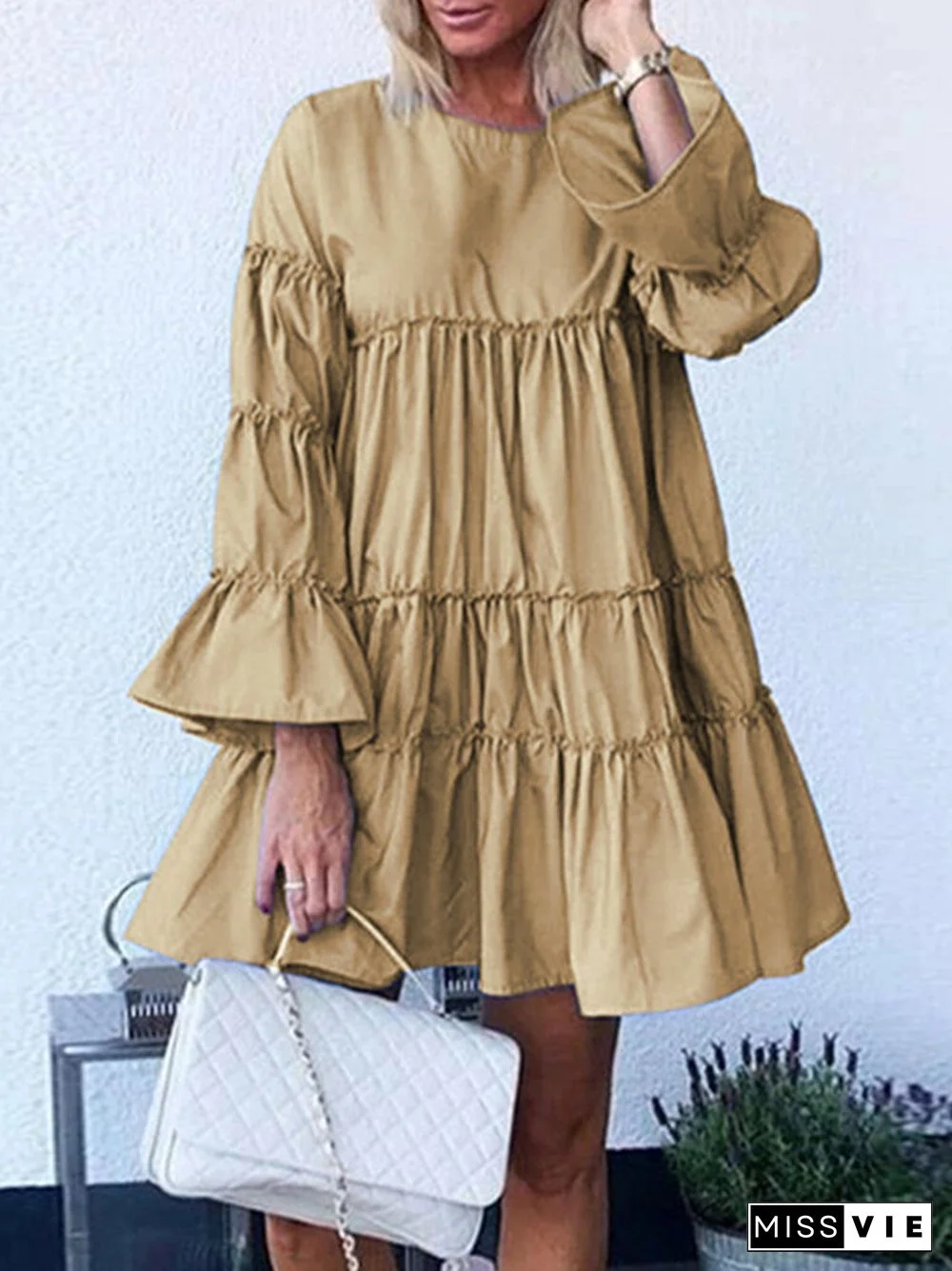 Solid Color O-neck Long Bell Sleeve Casual Layered Dress