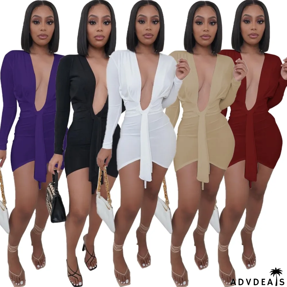 Fall Sexy Purple Plunge V-neck Long Sleeve Irregular Bodycon Dress