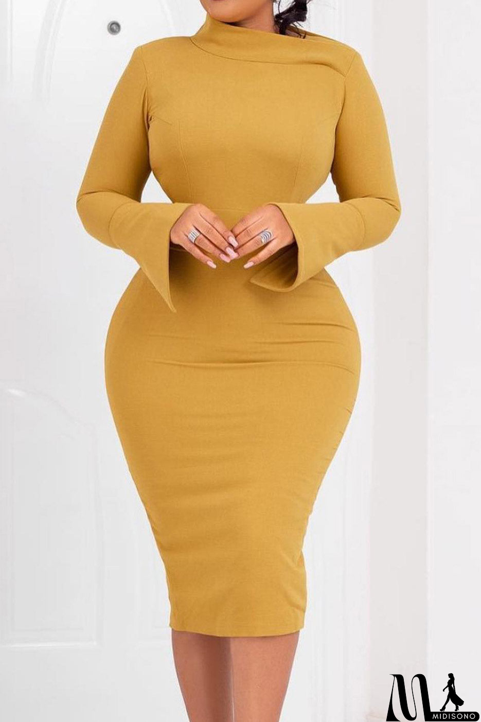 MidiSono - Knee Length Gold Long Sleeve Office Dress