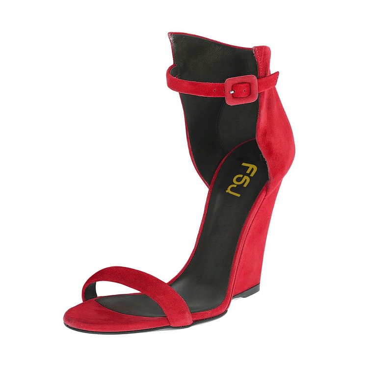 Women's Red Ankle Strap Wedge Sandals |FSJ Shoes
