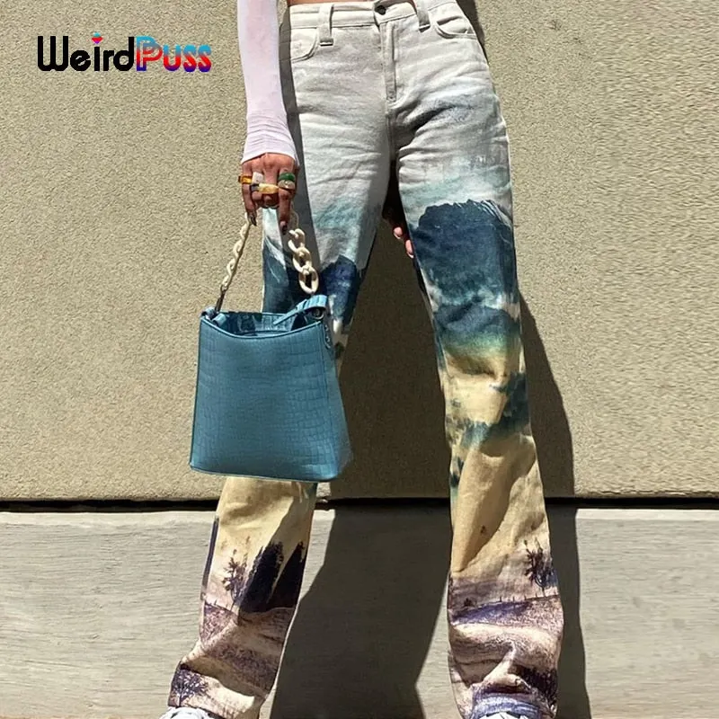 Weird Puss Y2K Cyber Cotton High Waist Pants Landscape Print Women Baggy Casual Straight  Jogger Chic Streetwear Summer Trousers